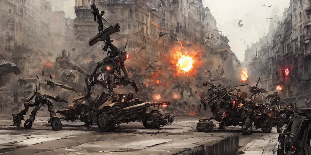 Prompt: spider robots terrorise streets of weimar berlin and attack freikorps soldiers and civilians, detailed painting, intense heavy street battle, bullet hell, pile of bodies, art by greg rutkowski and jakub rozalski