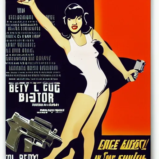 Image similar to betty page fully clothed in a suit holding a handgun, movie poster by kyle lambert