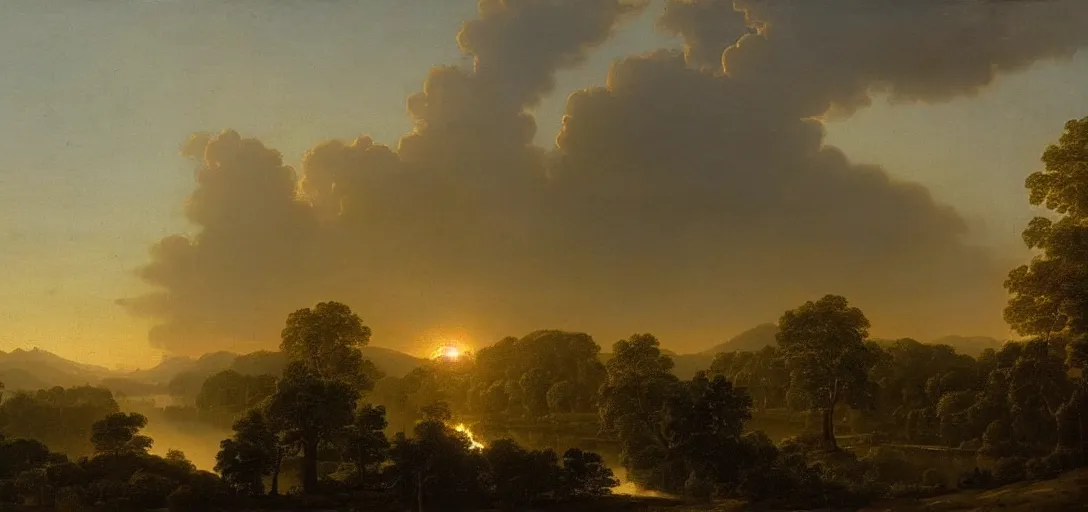 Image similar to a forest with diamond trees at sunset there is golden castle off in the distance, highly detailed landscape painting by claude lorrain, golden hour, misty ominous atmosphere