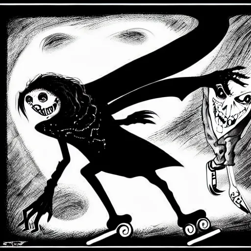 Image similar to black and white trippy comic art depiction of dracula the vampire roller skating on roller skates, drawn by martin rowson, tim burton, alex pardee, nekro petros afshar, cgsociety, awesome, stunning, 4 k