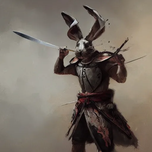 Image similar to anthropomorphic rabbit ancient warrior - swordsman, brush strokes, oil painting, greg rutkowski