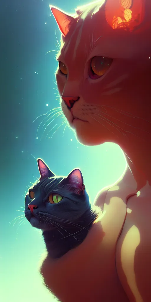 Image similar to portrait of humanoid cat, highly detailed vfx portrait, unreal engine, greg rutkowski, loish, rhads, beeple, makoto shinkai and lois van baarle, ilya kuvshinov, rossdraws, tom bagshaw, alphonse mucha, global illumination, detailed and intricate environment