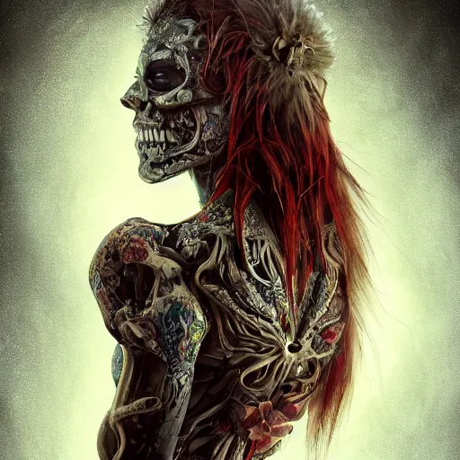 Image similar to full body pose, hyperrealistic mixed media painting of beautiful skull woman, dim volumetric lighting, 8 k, octane beautifully detailed render, extremely hyper detailed, intricate, epic composition, cinematic lighting, masterpiece, trending on artstation, very very detailed, masterpiece, stunning, hdr, smooth, sharp focus, high resolution, award, winning photo, dslr, 5 0 mm