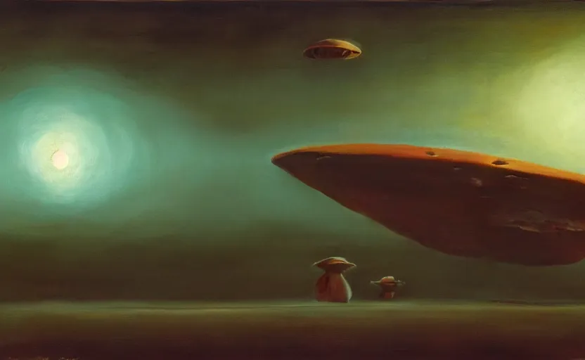 Image similar to spaceship landing mood lighting, soft light, dynamic lighting, complimentary colours, realistic, highly detailed, spooky painting by zdzisław beksinski and greg rutkowskiweta studio, and lucasfilm, colours