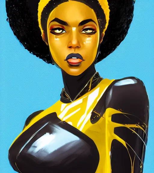 Image similar to a digital painting of a black woman with futuristic hair, side portrait, yellow highlights, a comic book panel by Craig Thompson, behance contest winner, afrofuturism, marvel comics, official art, artstation hq