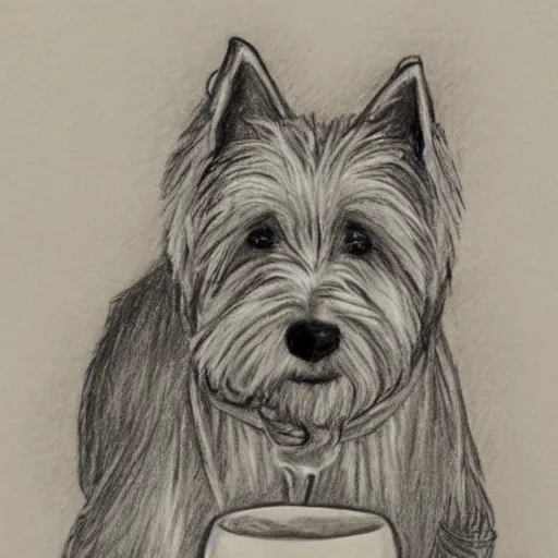 Prompt: pencil sketch of a monastic westie drinking mead