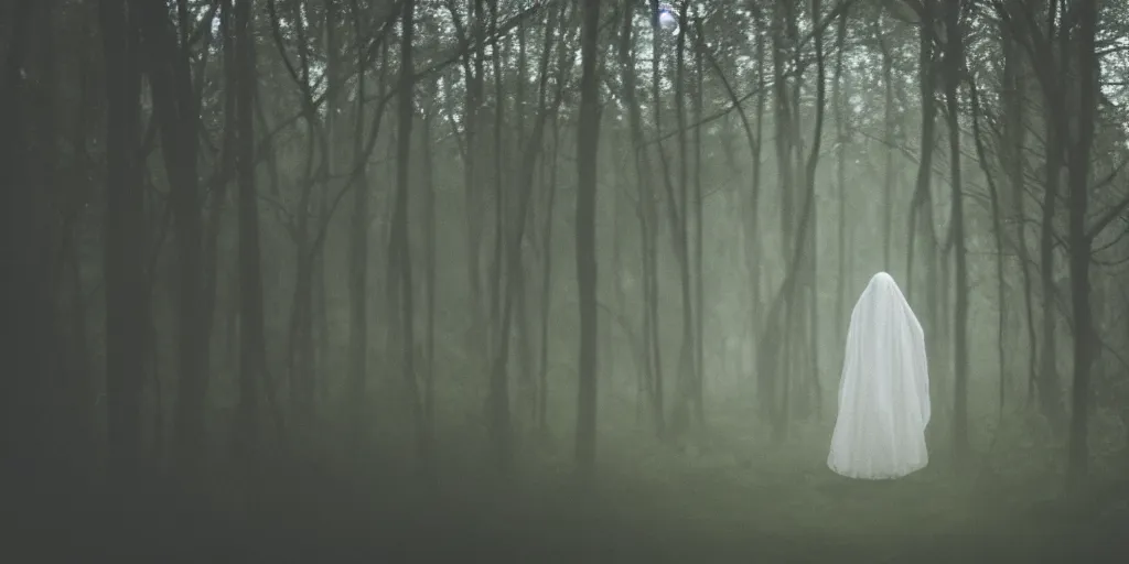 Image similar to a white female ghost in a forest, 35mm, cinematic atmosphere, mist, photorealistic, depth of field, gloomy