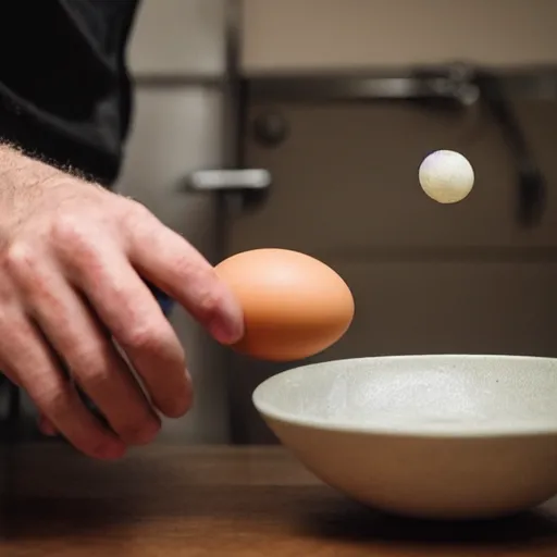 Prompt: a humanlike bearded god in a kitchen, cracking an egg shaped like the planet earth into a bowl