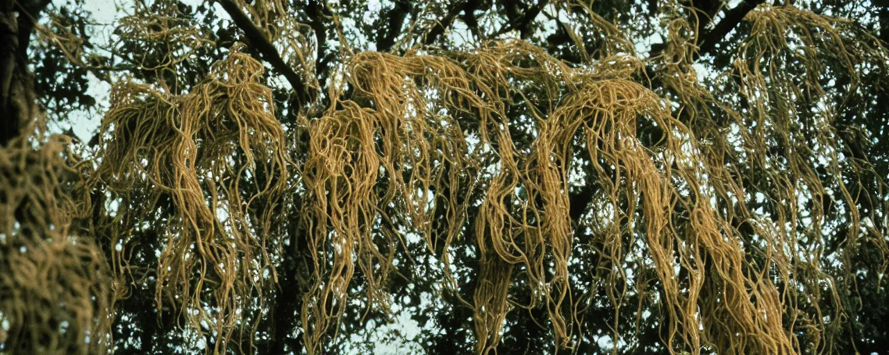 Image similar to medium shot of spaghetti growing on trees, canon 5 0 mm, cinematic lighting, photography, retro, film, kodachrome