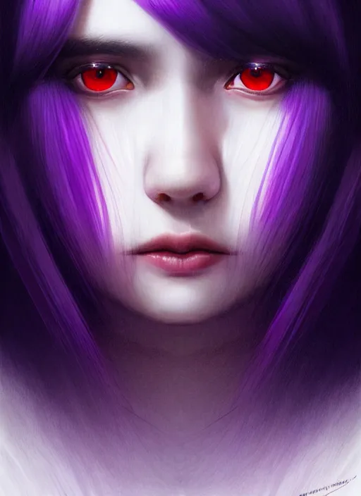 Image similar to hair whitebangs hair, black hair, whitebangs, portrait of teenage girl with white bangs, red irises, purple clothes, white bangs, bangs are different color from hair, intricate, elegant, glowing lights, highly detailed, digital painting, artstation, concept art, smooth, sharp focus, illustration, art by wlop, mars ravelo and greg rutkowski