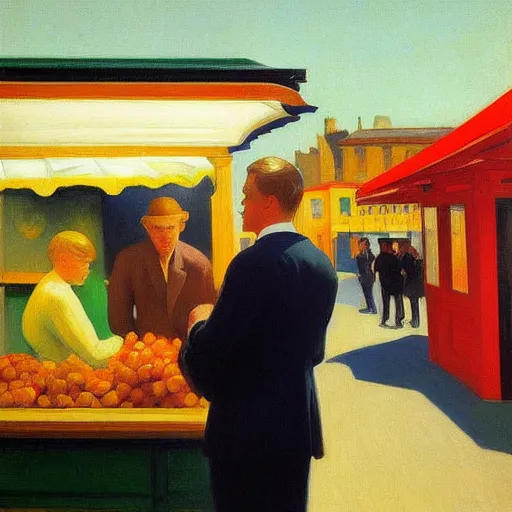 Prompt: a detailed painting, blonde man at a market, edward hopper,