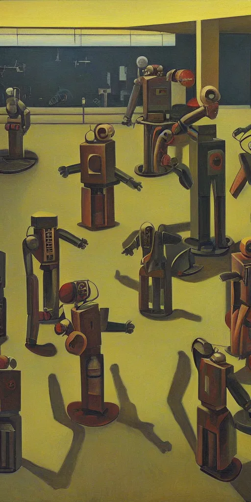 Image similar to robots falling down a deep shaft, grant wood, pj crook, edward hopper, oil on canvas