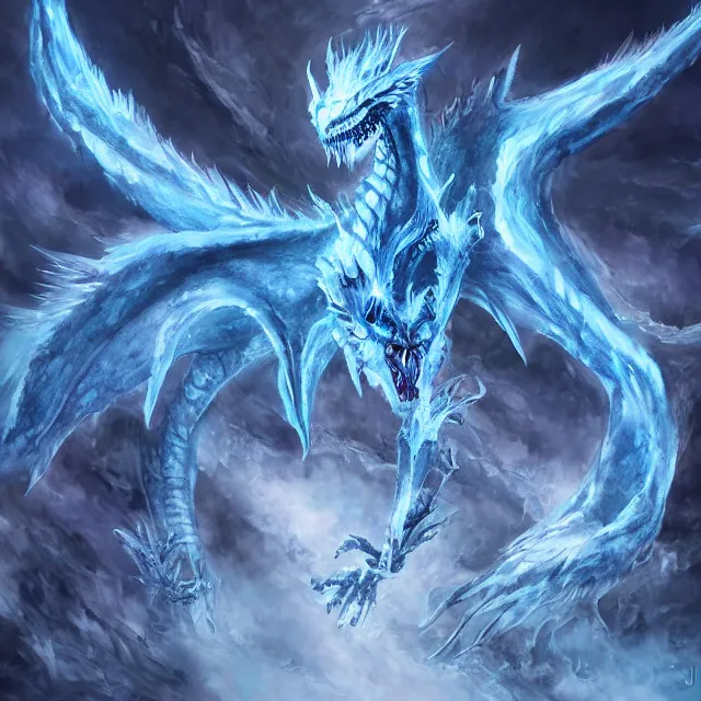 Image similar to a skeletal ice dragon, winter hell blue flames, artwork by Jaemin Kim