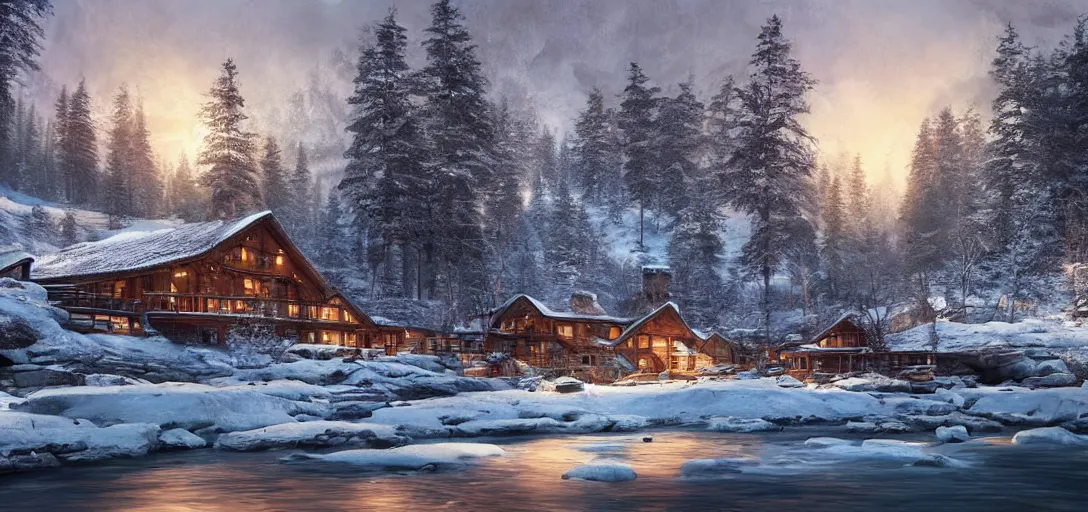 Prompt: a single cozy lodge beside a river stream in the canadian wilderness in winter, dramatic lighting, cinematic, establishing shot, extremely high detail, photo realistic, cinematic lighting, post processed, concept art, artstation, matte painting, style by eddie mendoza, raphael lacoste, alex ross