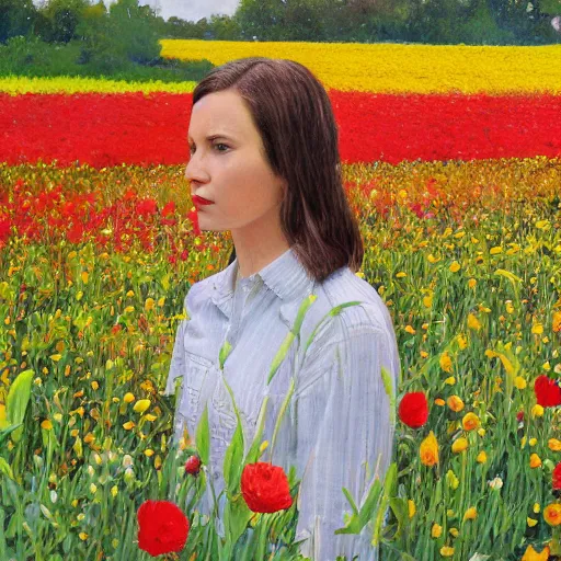 Image similar to woman standing in a flower field, head of flowers