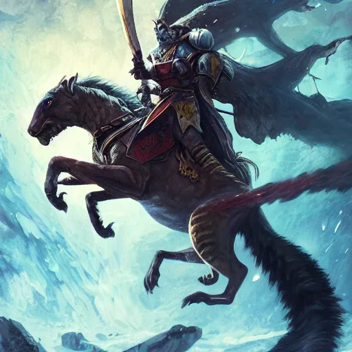 Image similar to Squirrel knight riding tiger, magic the gathering artwork, horror, D&D, fantasy, cinematic lighting, centered, symmetrical, highly detailed, digital painting, artstation, concept art, smooth, sharp focus, illustration, volumetric lighting, epic Composition, 8k, art by Akihiko Yoshida and Greg Rutkowski and Craig Mullins, oil painting, cgsociety