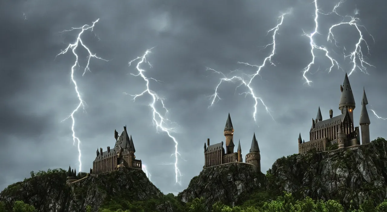 Image similar to slytherin harry potter flying with his wand forward. hogwarts castle and lightning strikes in the background. bad weather