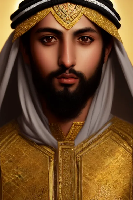 Image similar to a portrait of a arabian male prince, illustration, soft lighting, soft details, painting oil on canvas by Edmund Blair Leighton and Charlie Bowater octane render trending on artstation d&d characters, 4k, 8k, HD