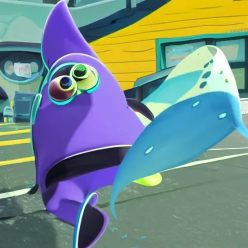 Prompt: a manta ray character who sells paints for splatoon by nintendo, in the calarts style, designed by nintendo, designed by pixar, cgi, professional, gaming