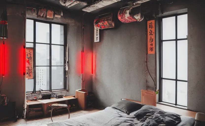 Prompt: maximalist interior of a japanese bedroom, concrete, cyberpunk, japanese neon signs, retro futuristic, old brick walls, rough wood, grey, anthracite, red, akihabara style, swedish style, window with a view of apartment blocks