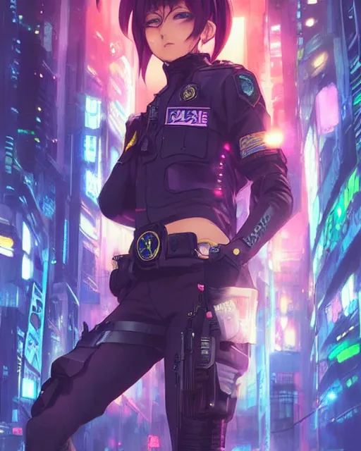 Image similar to anime key visual of a young cat female police officer, neon, cyberpunk, futuristic, stunning, highly detailed, digital painting, artstation, smooth, soft focus, illustration, art by artgerm and greg rutkowski and alphonse mucha
