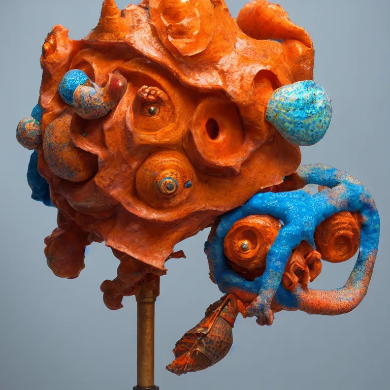 Image similar to hyperrealistic sculpture of a bronze conch snail hermit crab dusted with blue and orange spraypaint in a grid cage on a pedestal by ron mueck and duane hanson and lee bontecou, hyperrealistic dramatic colored lighting trending on artstation 8 k