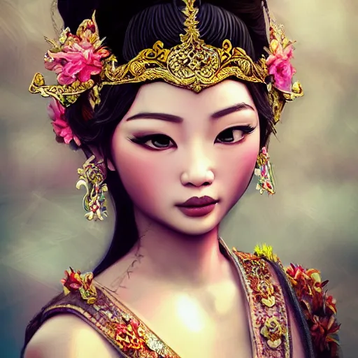 Prompt: beautiful bali princess by kittichai rueangchaichan, floralpunk, Artstation, intricate details, photo realistic, dramatic