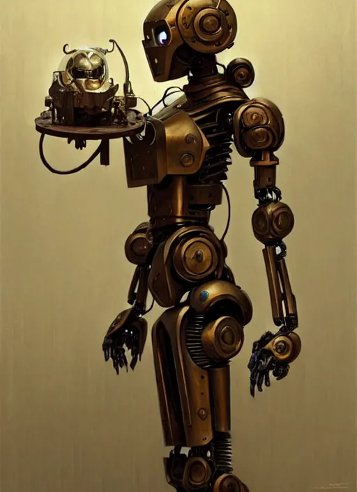 Prompt: wooden robot, metal, cinematic lighting, fantasy, warforged, intricate, highly detailed, lifelike, photorealistic, digital painting, artstation, illustration, concept art, sharp focus, art by john collier and albert aublet and krenz cushart and artem demura and alphonse mucha
