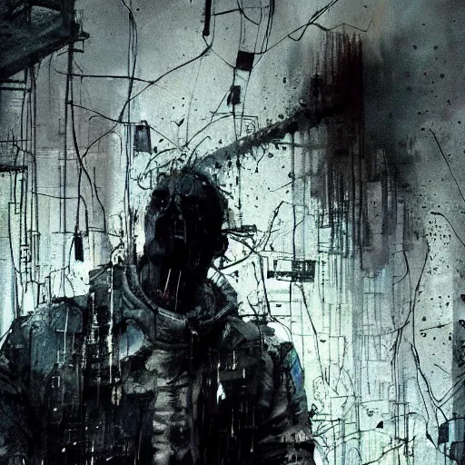 Image similar to lost and alone in an industrial wasteland screaming cyberpunk, wires, machines by emil melmoth zdzislaw belsinki craig mullins yoji shinkawa realistic render ominous detailed photo atmospheric by jeremy mann francis bacon and agnes cecile ink drips paint smears digital glitches glitchart