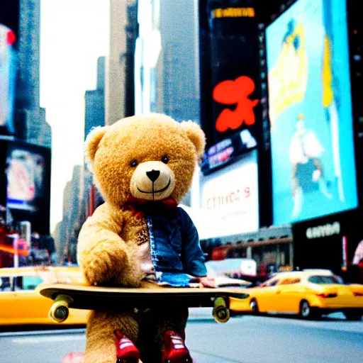 Prompt: photo teddy bear riding skateboard in times square, cinestill, 800t, 35mm, full-HD