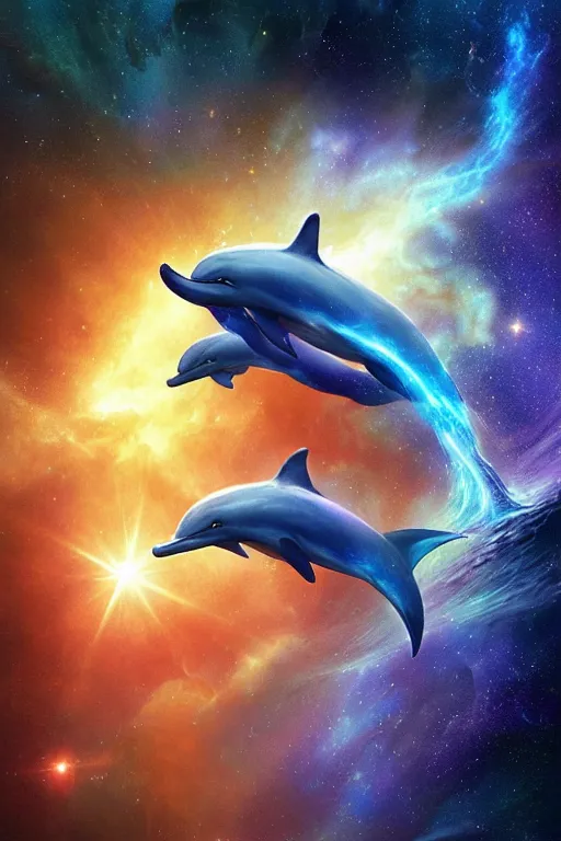 Image similar to Ethereal blue fire dolphin dolphin flying through a nebula, Sirius star system, star dust, cosmic, magical, shiny, glow,cosmos, galaxies, stars, outer space, stunning, by andreas rocha and john howe, and Martin Johnson Heade, featured on artstation, featured on behance, golden ratio, ultrawide angle, hyper detailed, photorealistic, epic composition, wide angle, f32, well composed, UE5, 8k