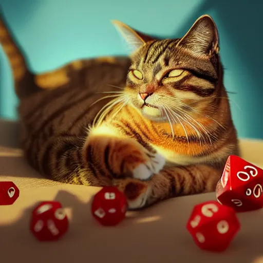 Image similar to tabby cat lying in a sunbeam, the cat is next to a pile of D&D polyhedral dice, the cat is sleeping, Artstation, cozy, golden hour