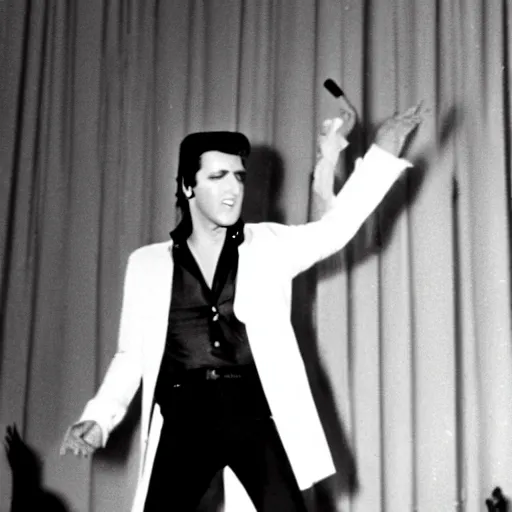 Image similar to a photo of elvis presley on stage performing with a brown paper bad over his head