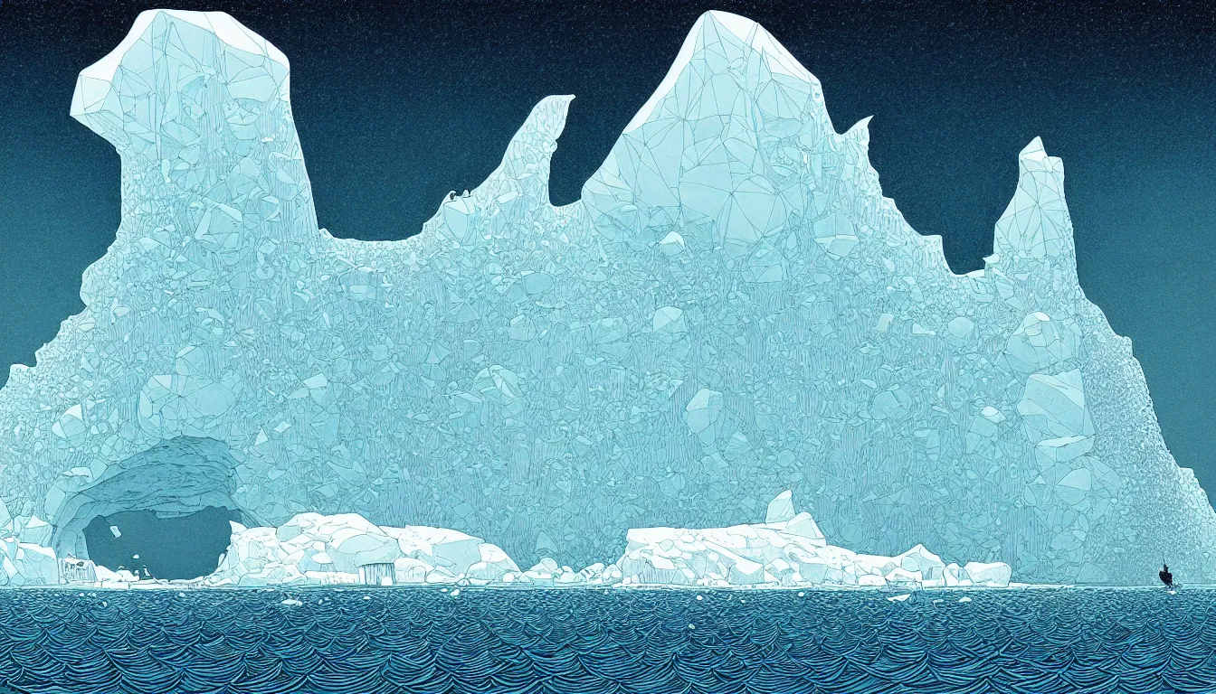 Image similar to iceberg by nicolas delort, moebius, victo ngai, josan gonzalez, kilian eng