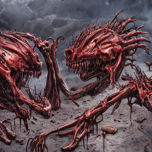 Prompt: conjoined demon twins emerging from pile of corpses in a desert hellscape covered in blood by Yoshitaka Amano, by HR Giger, biomechanical, 4k, hyper detailed, hyperrealism, anime, a Broken World demons flying overhead, red sky, blood and body parts, deviantart, artstation