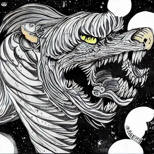 Prompt: winged lioness in outer space, ink on paper, 8k high quality detailed art, trending on art station, manga art, by Eiichiro Oda