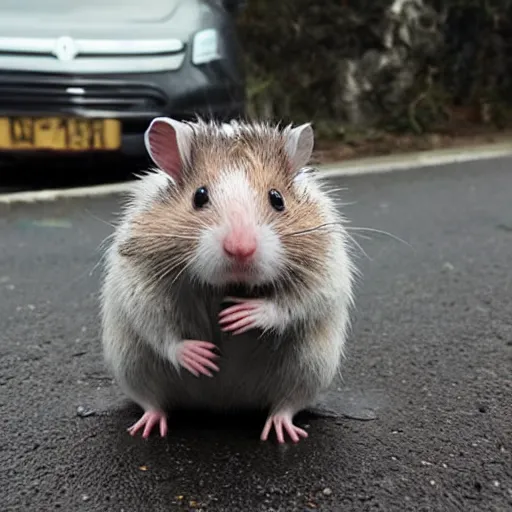 Image similar to soaking wet hamster begging for change on the side of the road