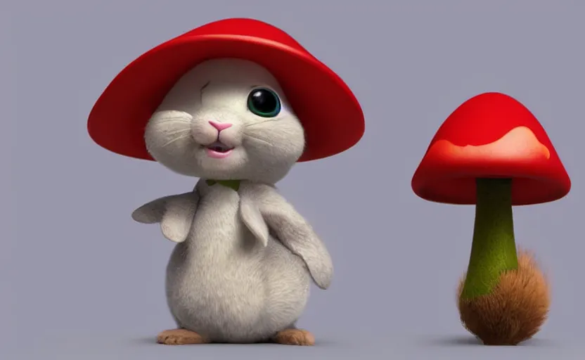 Image similar to cute rabbit character with mushroom hat, style of pixar, unreal engine 5, trending on artstation, 8K