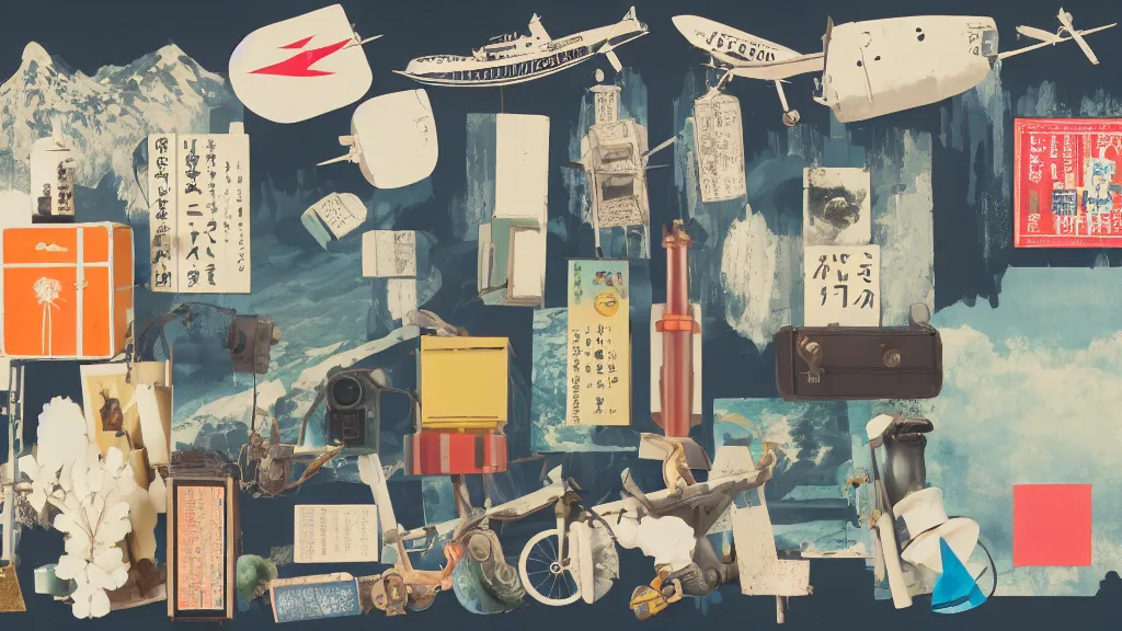 Prompt: an arrangement of adventure traveller props, japan, a collage painting, in the style of wes anderson, lola dupre, david hockney, isolated on negative white space background dark monochrome neon spraypaint accents volumetric octane render