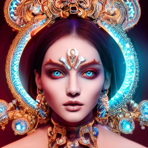 Image similar to portrait of demon goddess with perfect skin, glowing, ornate and intricate blue jewelry, jaw dropping beauty, glowing background lighting, white accent lighting, hyper detailed, 4 k octane render