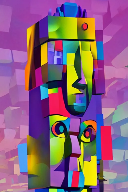 Image similar to cubist moai statue cutout digital illustration cartoon colorful beeple