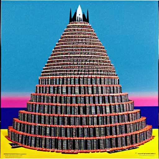 Image similar to tower of babel reaching up to heaven but it is made from 12 inch vinyl LPs