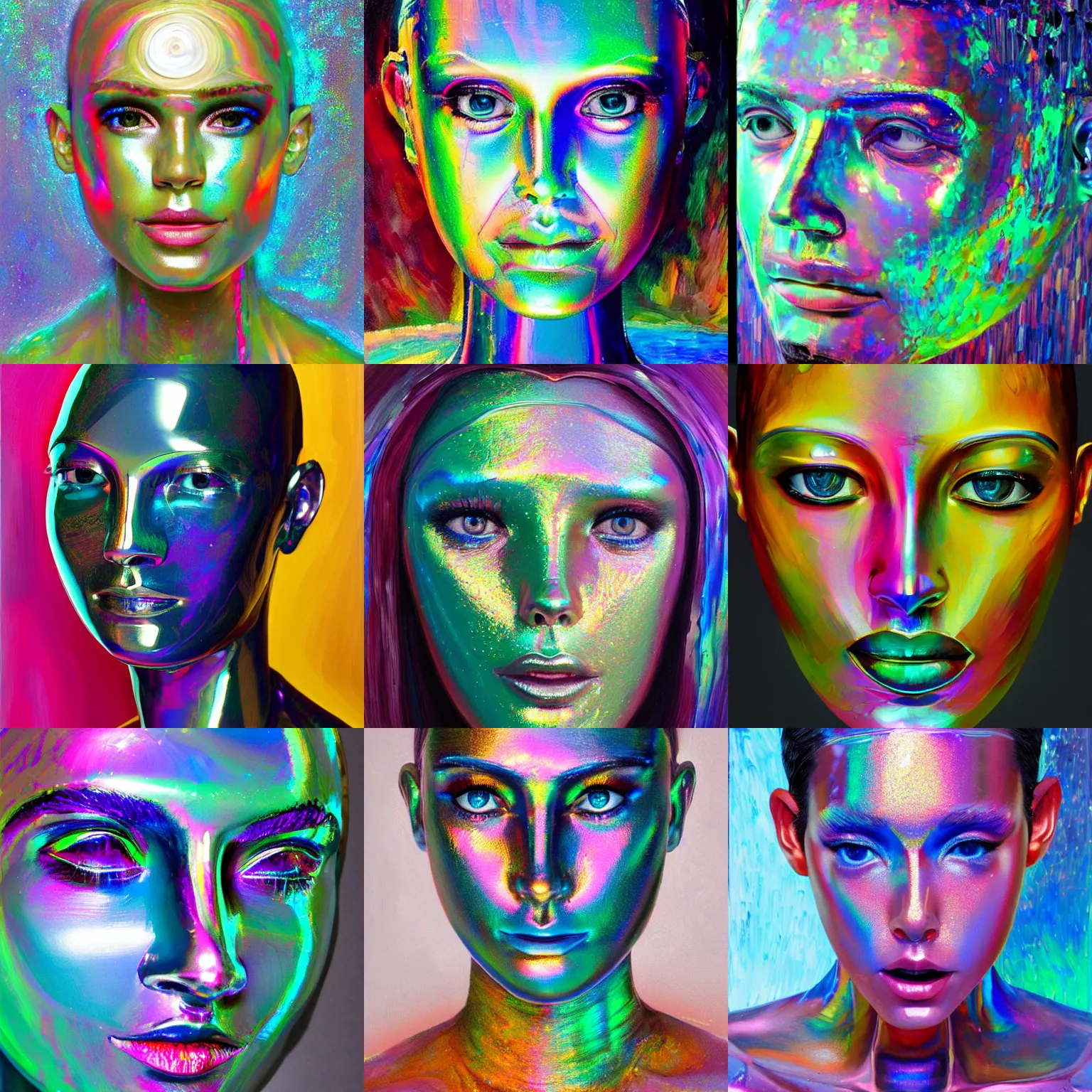 Prompt: a holographic human robotic head made of glossy iridescent, glossy iridescent holographic texture, holographic glossy iridescent smooth texture, holographic glossy iridescent 3d texture render, Face, Palette Knife Painting, Acrylic Paint, Dried Acrylic Paint, Dynamic Palette Knife Oil Paintings, Vibrant Palette Knife Portraits Radiate Raw Emotions, Full Of Expressions, Palette Knife Paintings by Francoise Nielly, Beautiful, Beautiful Face, surrealistic 3d illustration of a human face non-binary, non binary model, 3d model human, cryengine, made of holographic texture, holographic material, holographic rainbow, concept of cyborg and artificial intelligence