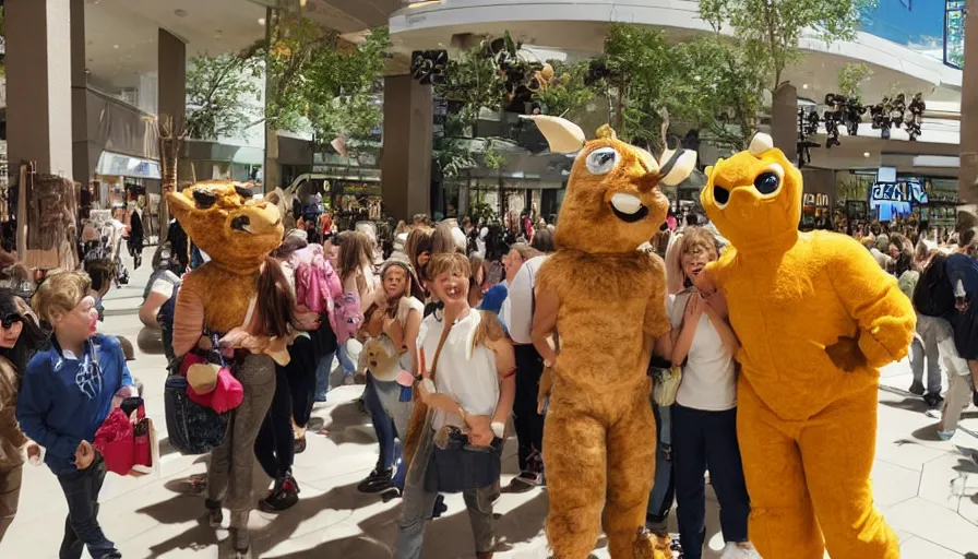 Prompt: 1990s candid photo of a beautiful day at the mall, cinematic lighting, cinematic look, golden hour, large nature costumed mascot people giving presentations to families, Enormous personified nature people with outstandingly happy faces coming out of a portal and talking to families, UHD