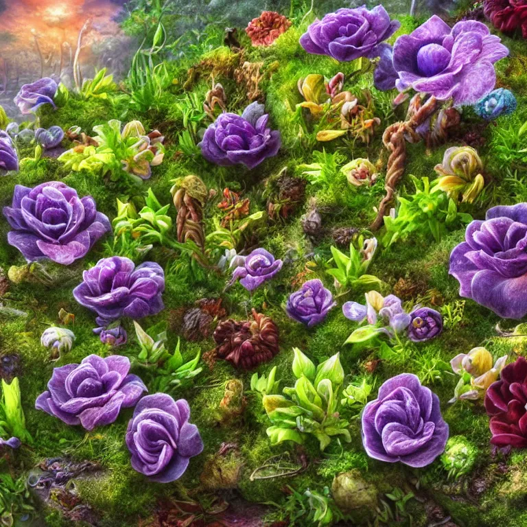 Prompt: a beautiful landscape with close up grown sprouts and plants from a fantasy world with different patterns, fantastic growths, luminous tendrils and blooming unusual invented flowers, highly detailed, hdr, 8 k resolution, fantasy art