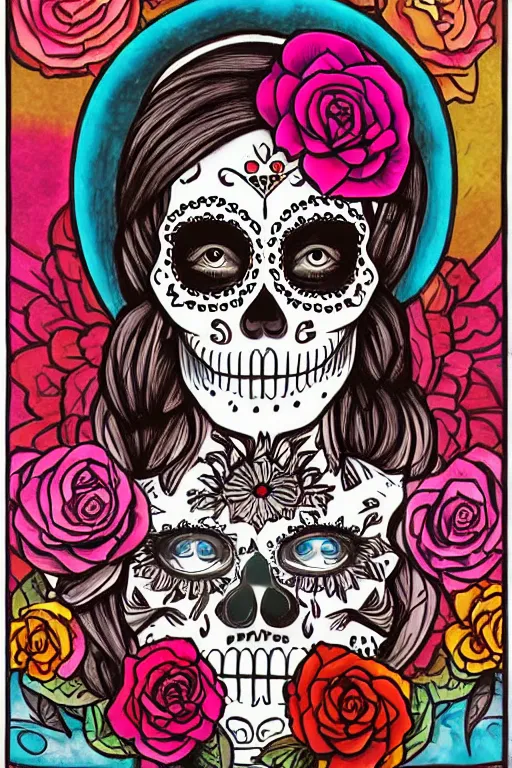 Prompt: Illustration of a sugar skull day of the dead girl, art by henry justice ford