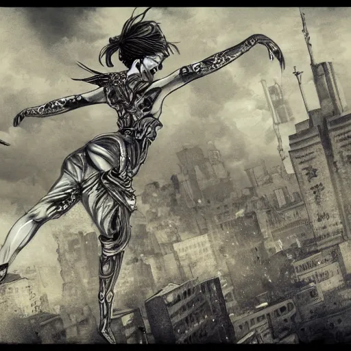 Prompt: aerial dancer in city of skeletons by ueshiba riichi illustration, highly detailed, concept art