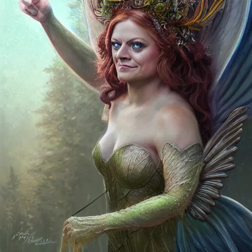 Prompt: upper body portrait shot of amy poehler as titania, summer queen. faerie queen. queen of light., highly detailed, digital painting, artstation, concept art, soft focus, depth of field, artgerm, tomasz alen kopera, peter mohrbacher, donato giancola, wlop, boris vallejo