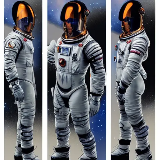 Image similar to Front, side and back character view of Astronaut from Kojima Productions by Artgem and Donato Giancola, trending on Artstation concept arts