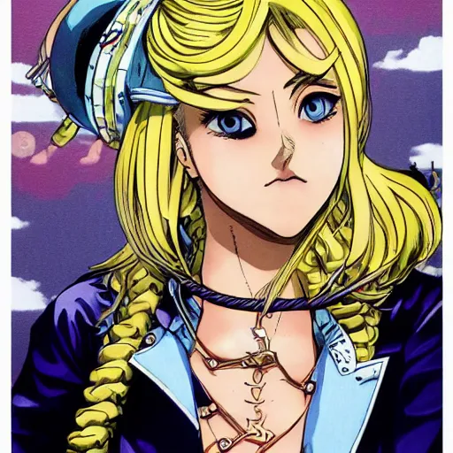 Image similar to blonde girl , JoJo cover art, style of Steel Ball Run cover art, style of JoJolion cover art, illustrated by Hirohiko Araki